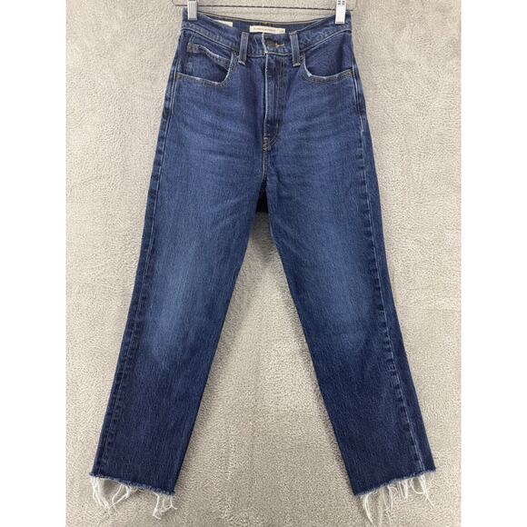 Levis Jeans Womens 24 Blue 70s High Slim Straight Premium Denim Raw Hem Zip Fly - Picture 1 of 16